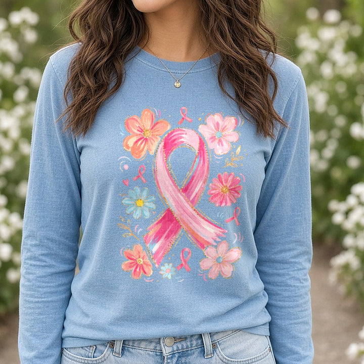 Floral Pink Ribbon DTF transfer shown on a Comfort Colors long sleeve tee