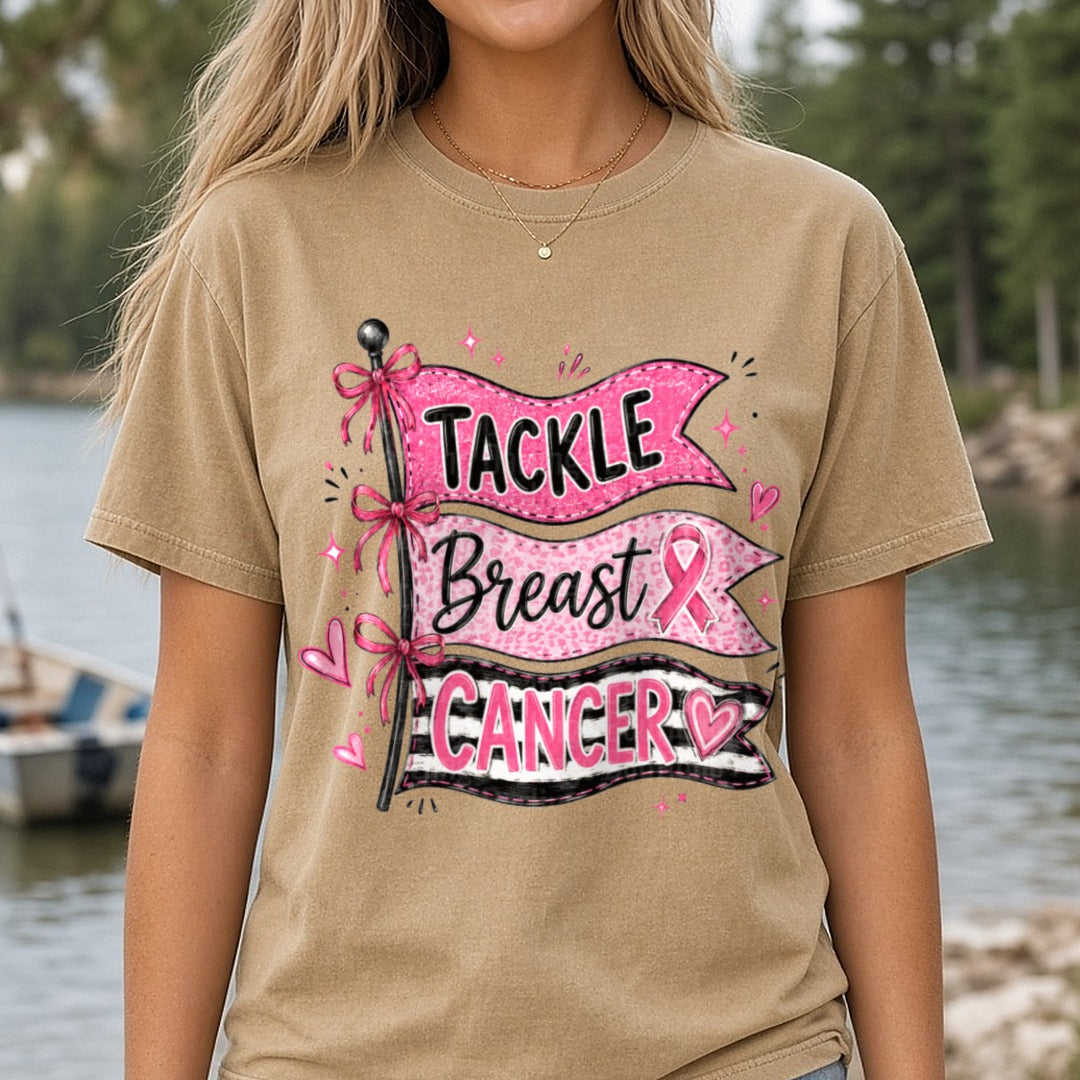 Tackle Breast Cancer Pennant DTF transfer shown on a Comfort Colors tee