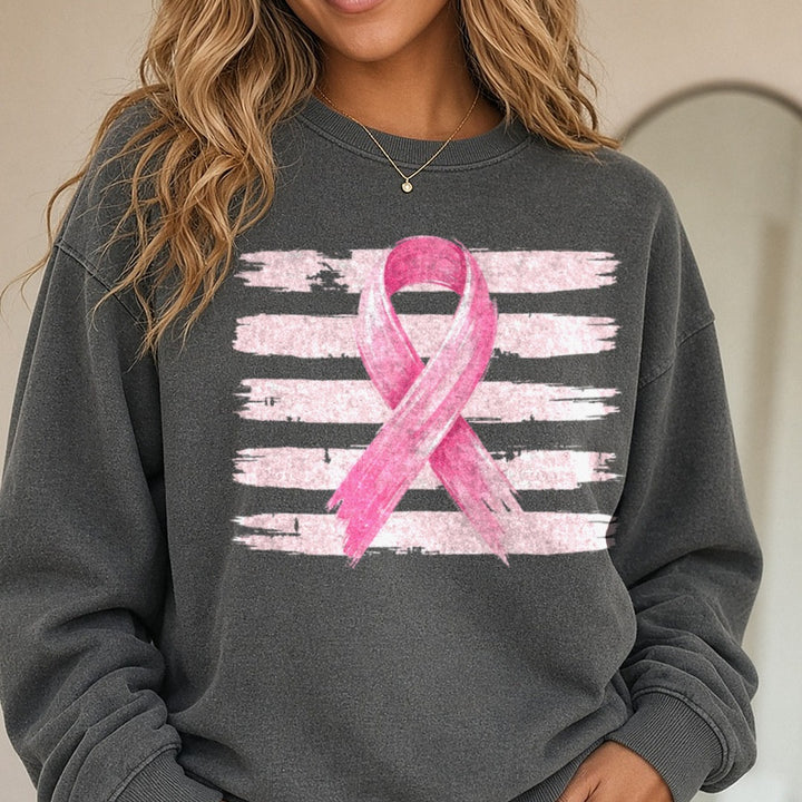 Breast Cancer Ribbon DTF transfer shown on a Comfort Colors sweatshirt