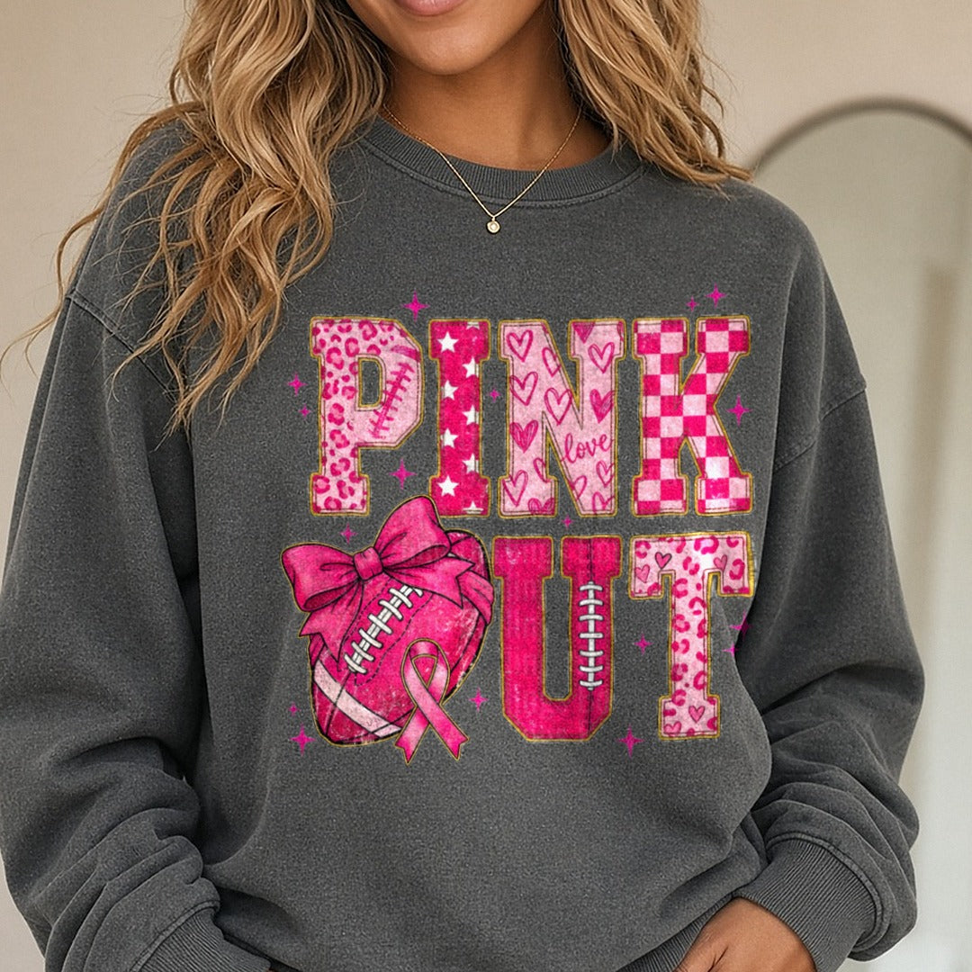 Pink Out Football Heart Bow Leopard Letters DTF transfer shown on a Comfort Colors sweatshirt