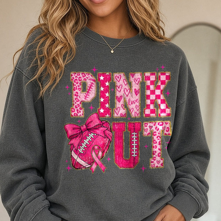 Pink Out Football Heart Bow Leopard Letters DTF transfer shown on a Comfort Colors sweatshirt