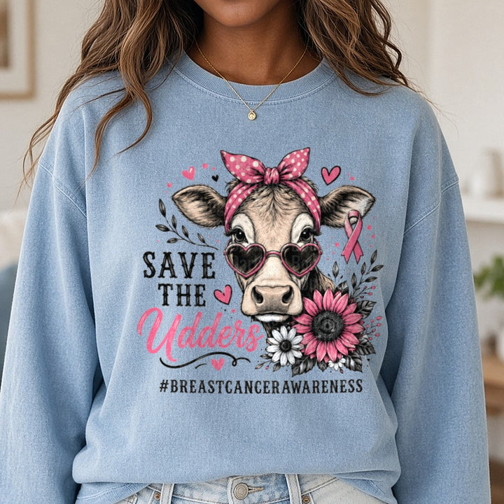 Save The Udders DTF transfer shown on a Comfort Colors sweatshirt