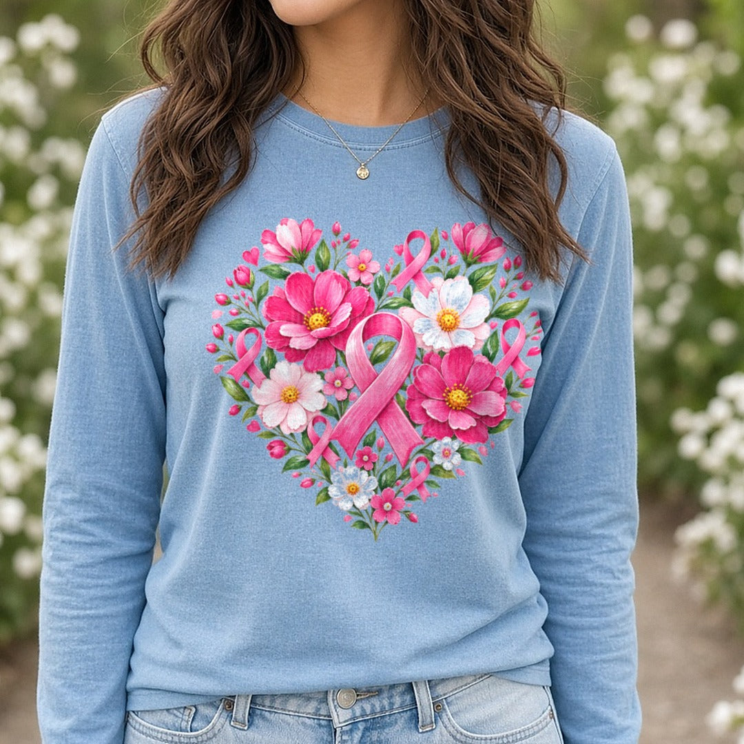 Floral Ribbon Heart DTF transfer shown on a Comfort Colors long sleeve tee