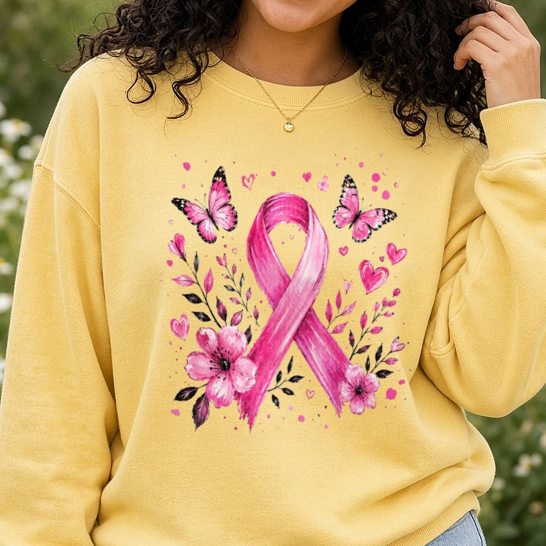Breast Cancer Pink Ribbon Flowers DTF transfer shown on a Comfort Colors sweatshirt