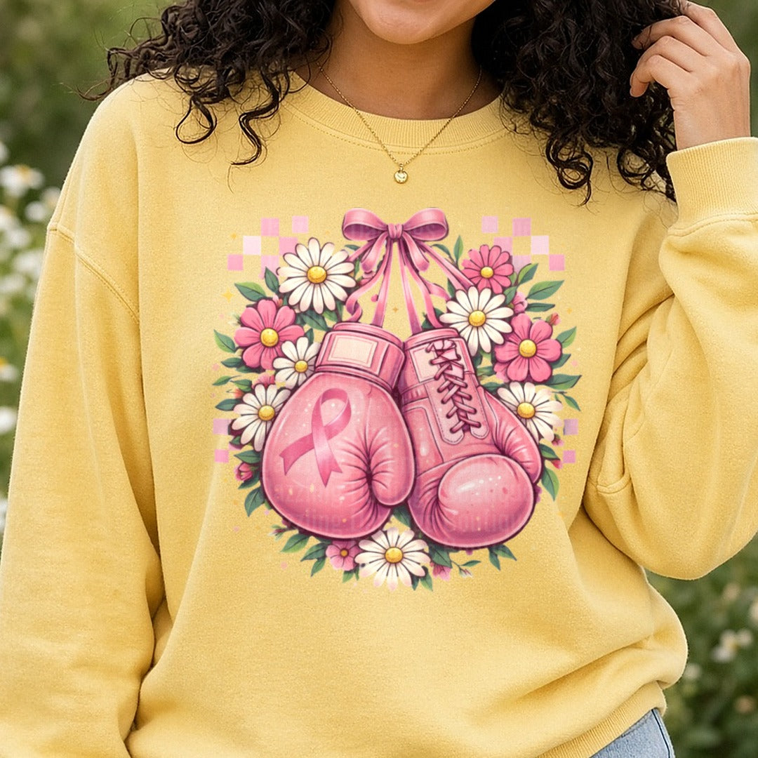 Breast Cancer Gloves Floral DTF transfer shown on a Comfort Colors sweatshirt
