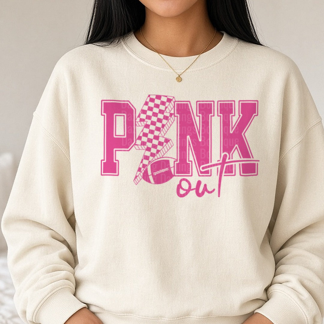 Checkered Bolt Pink Out DTF transfer shown on a Comfort Colors sweatshirt