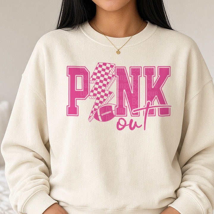 Checkered Bolt Pink Out DTF transfer shown on a Comfort Colors sweatshirt