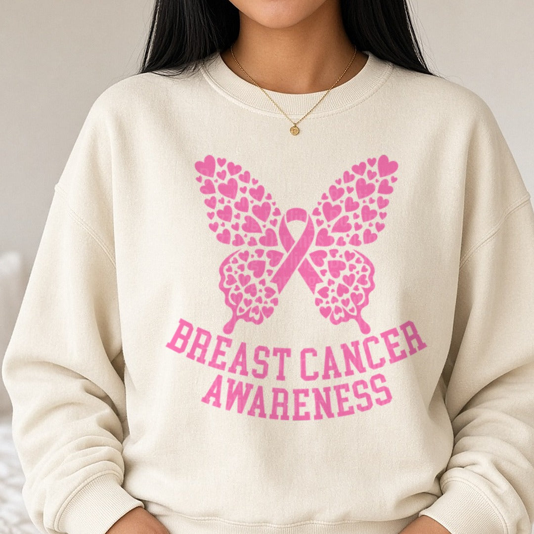 Breast Cancer Awareness Butterfly DTF transfer shown on a Comfort Colors sweatshirt