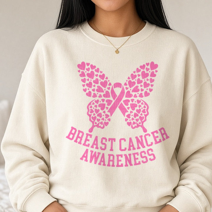 Breast Cancer Awareness Butterfly DTF transfer shown on a Comfort Colors sweatshirt