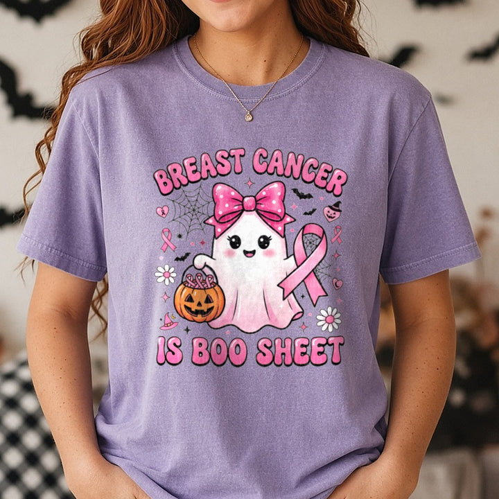 Breast Cancer Is Boo Sheet DTF transfer shown on a Comfort Colors tee
