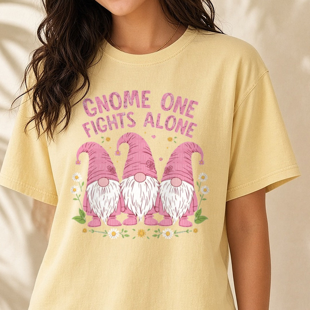 Gnome One Fights Alone DTF transfer shown on a Comfort Colors tee