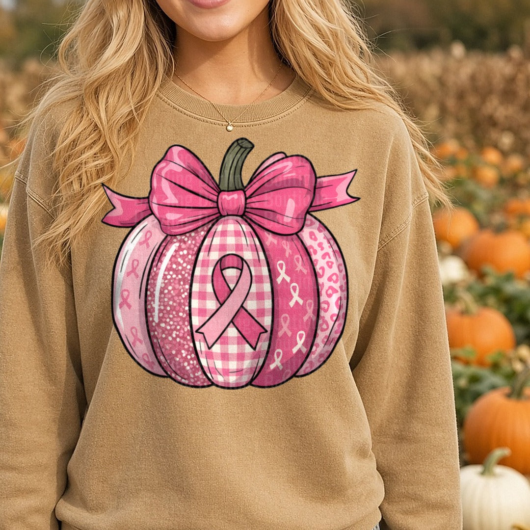 Breast Cancer Pumpkin DTF transfer shown on a Comfort Colors sweatshirt