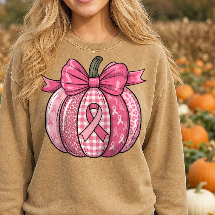 Breast Cancer Pumpkin DTF transfer shown on a Comfort Colors sweatshirt