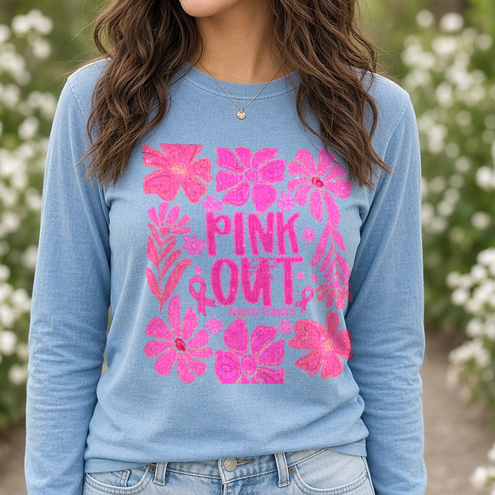 Pink Out Floral DTF transfer shown on a Comfort Colors long sleeve tee