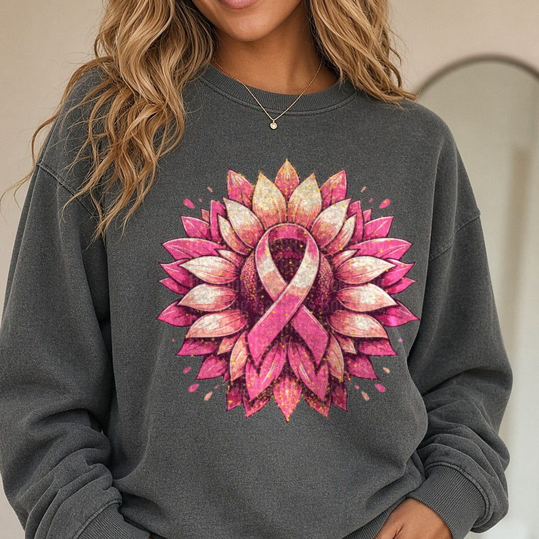 Flower Ribbon Center DTF transfer shown on a Comfort Colors sweatshirt