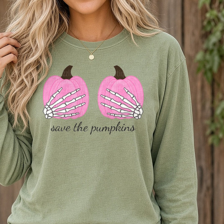 Save The Pumpkins DTF transfer shown on a Comfort Colors long sleeve tee