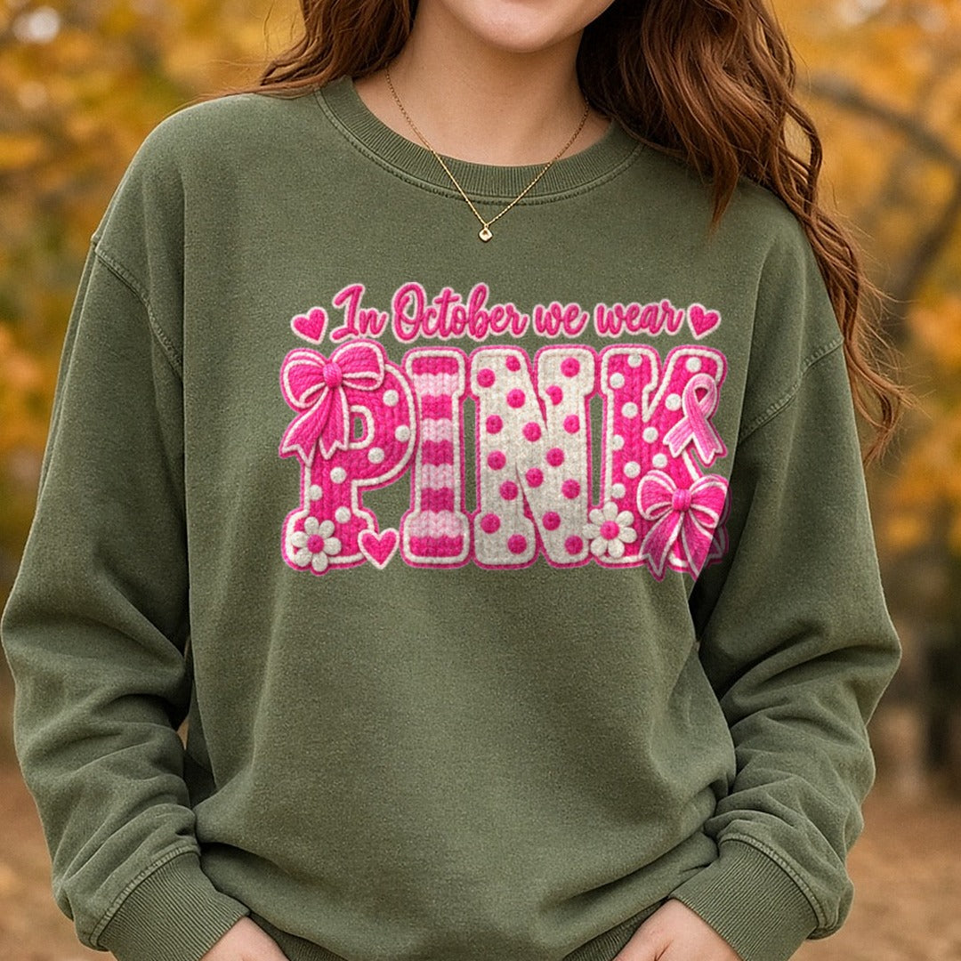In October We Wear Pink Faux Yarn DTF transfer shown on a Comfort Colors sweatshirt