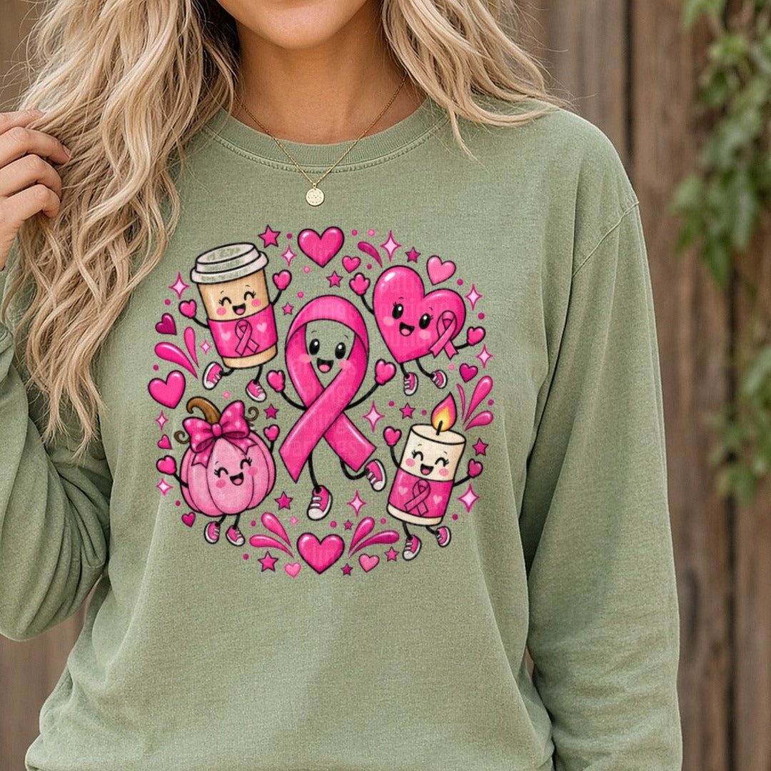 Breast Cancer Cartoon DTF transfer shown on a Comfort Colors long sleeve tee