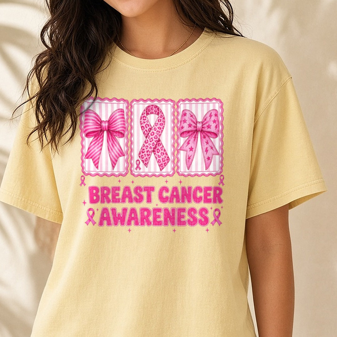 Coquette Breast Cancer DTF transfer shown on a Comfort Colors tee