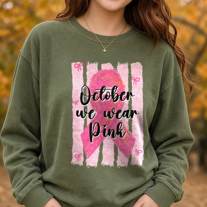 October We Wear Pink Striped DTF transfer shown on a Comfort Colors sweatshirt