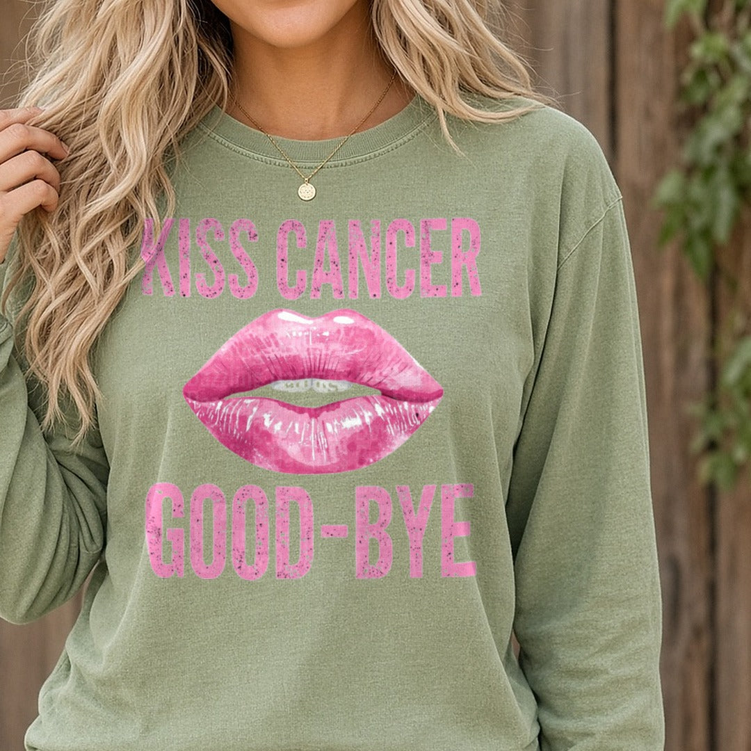 Kiss Cancer Good-Bye DTF transfer shown on a Comfort Colors long sleeve tee