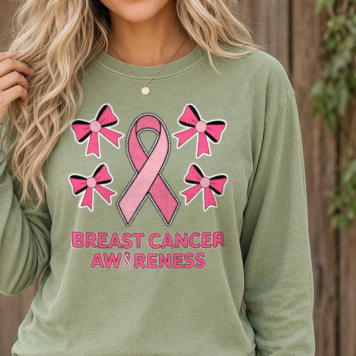 Breast Cancer Awareness Bows DTF transfer shown on a Comfort Colors long sleeve tee