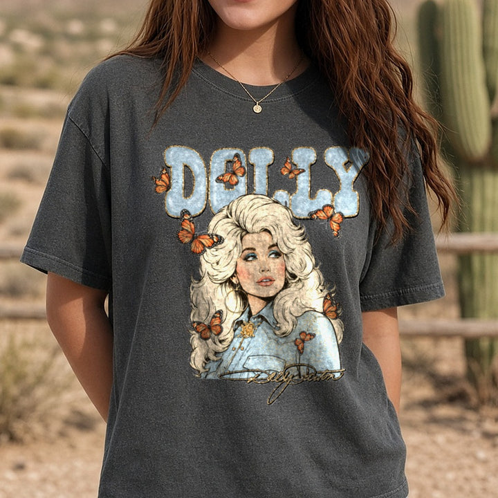 Dolly Parton Retro Portrait with Monarch Butterflies DTF transfer shown on a Comfort Colors tee