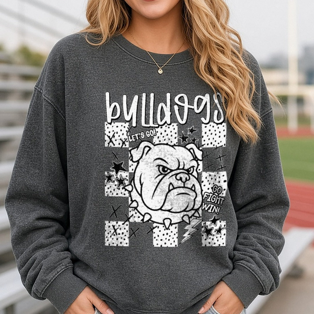 Bulldogs Let's Go Fight Win Mascot Spirit Graffiti Design DTF transfer shown on a Comfort Colors sweatshirt