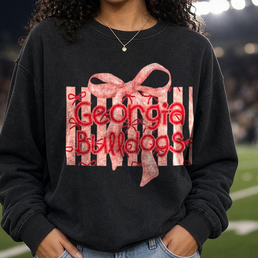 Georgia Bulldogs Pink Striped Gift Box with Satin Bow DTF transfer shown on a Comfort Colors sweatshirt