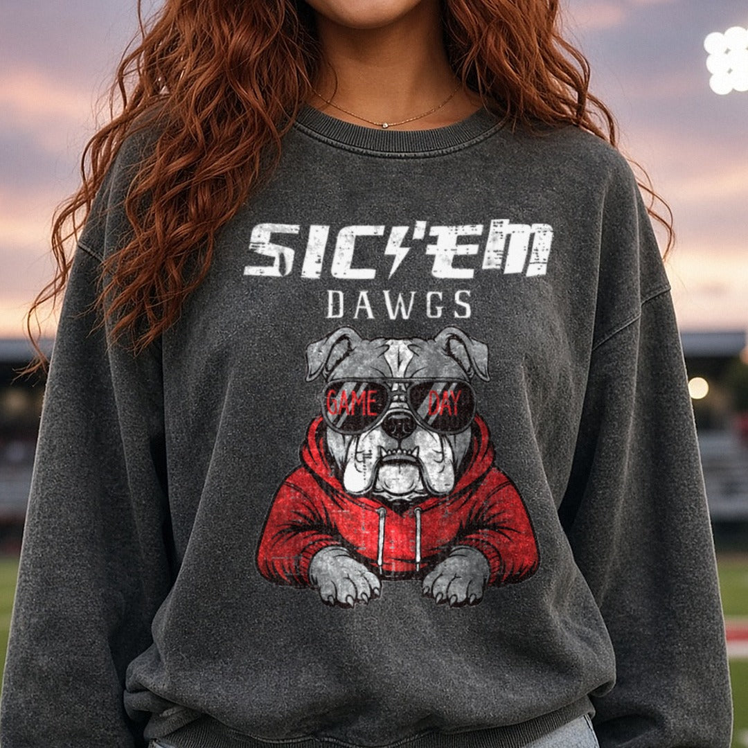 Cool Bulldog Game Day Sunglasses Red Hoodie Design DTF transfer shown on a Comfort Colors sweatshirt