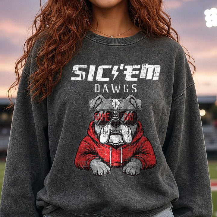 Cool Bulldog Game Day Sunglasses Red Hoodie Design DTF transfer shown on a Comfort Colors sweatshirt