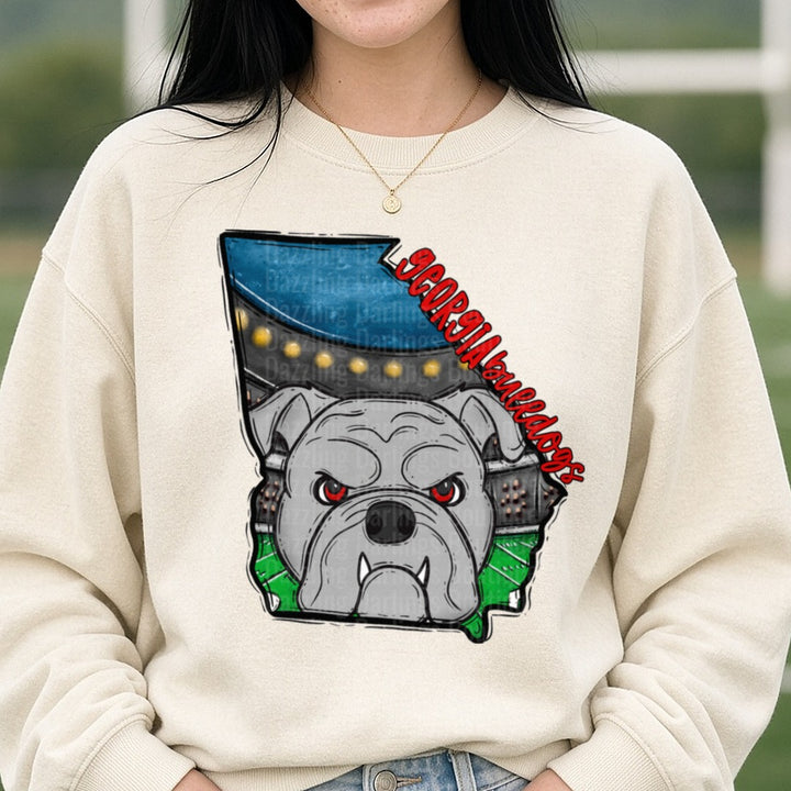 Georgia Bulldogs Fierce Mascot State Shape Stadium DTF transfer shown on a Comfort Colors sweatshirt