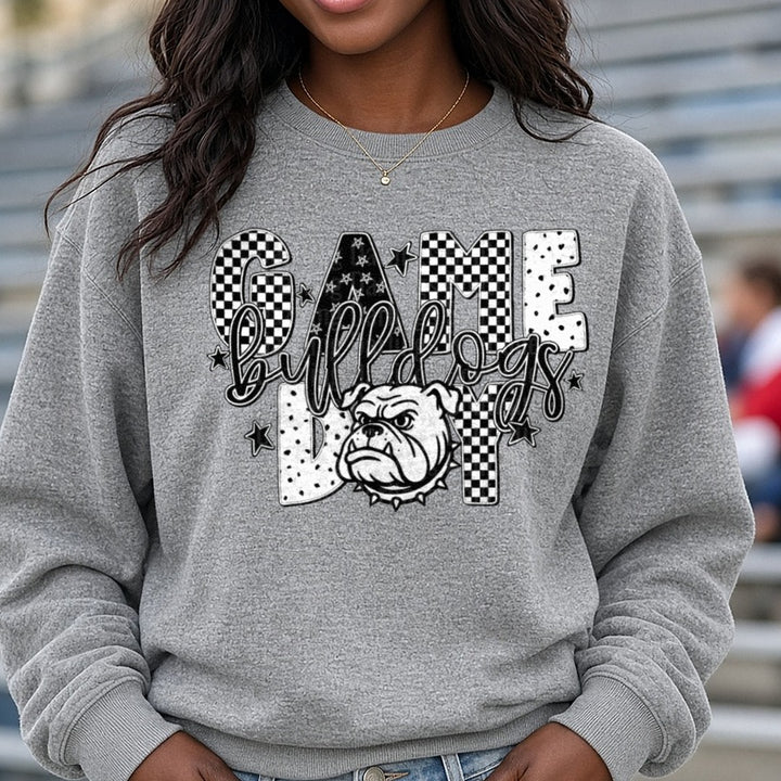Bulldogs Game Day Checkered Stars Mascot Graphic DTF transfer shown on a Comfort Colors sweatshirt