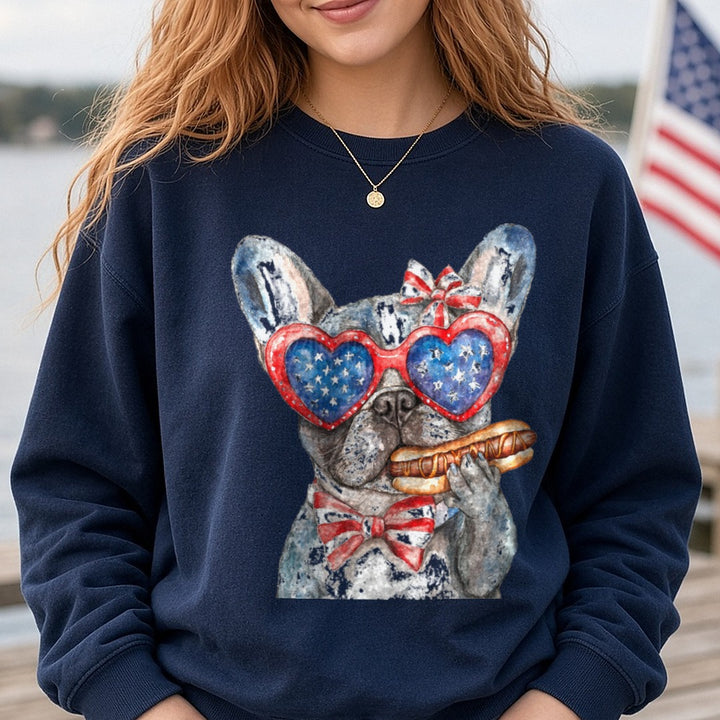 Patriotic French Bulldog Heart Sunglasses Hot Dog 4th of July DTF transfer shown on a Comfort Colors sweatshirt