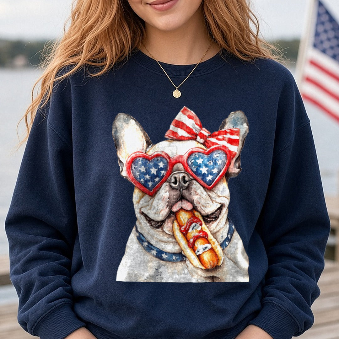 Patriotic French Bulldog Heart Sunglasses Eating Hot Dog DTF transfer shown on a Comfort Colors sweatshirt