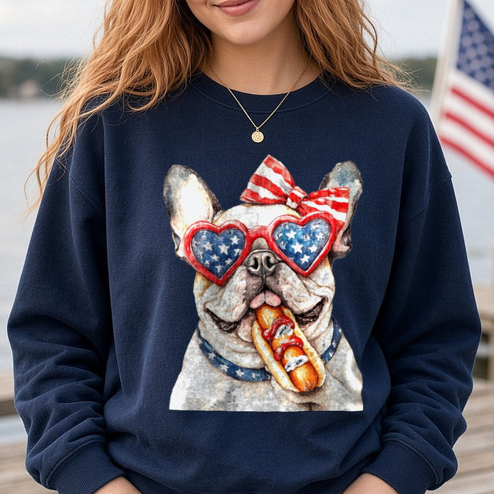 Patriotic French Bulldog Heart Sunglasses Eating Hot Dog DTF transfer shown on a Comfort Colors sweatshirt