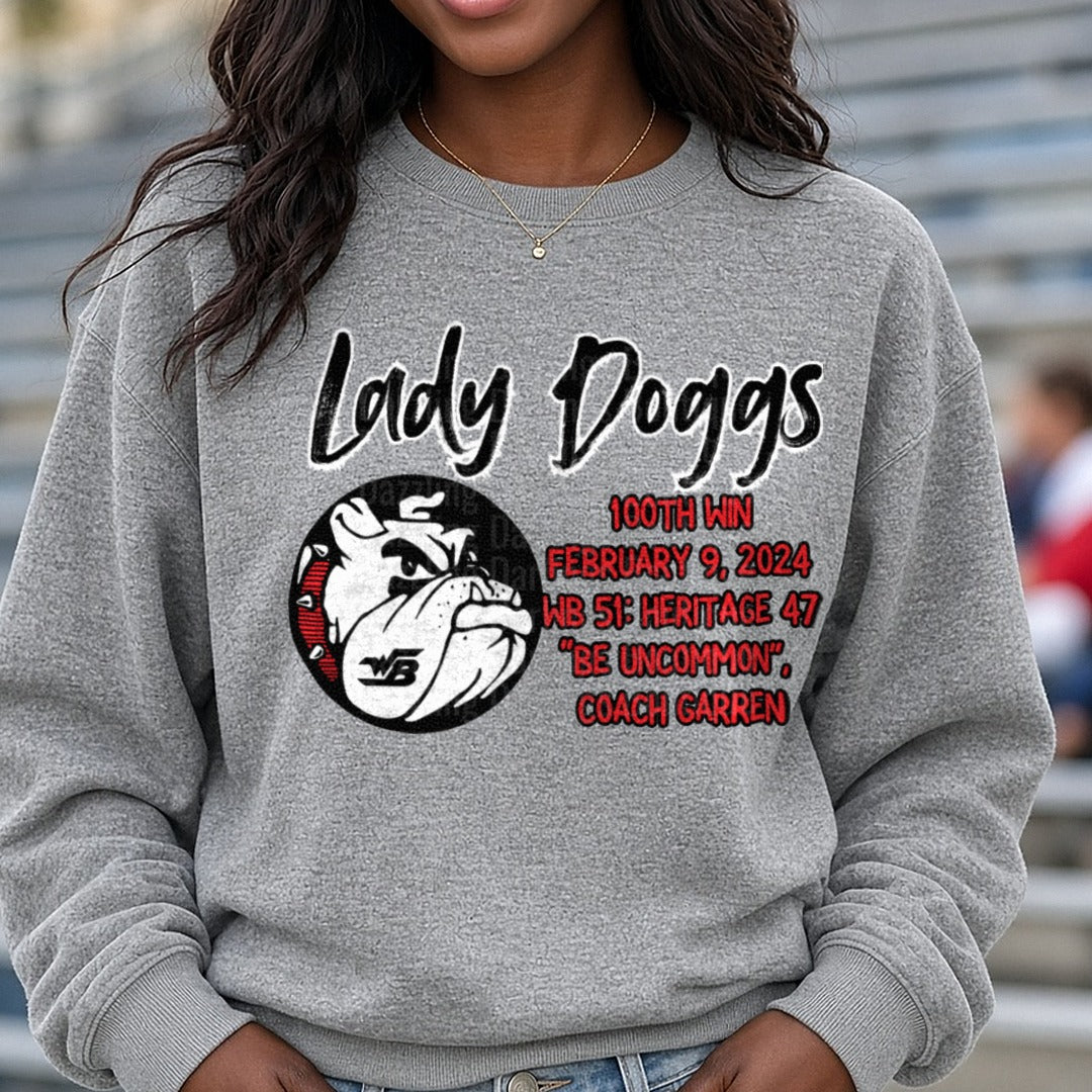 Lady Doggs WB Bulldogs 100th Win February 9 2024 Coach Garren DTF transfer shown on a Comfort Colors sweatshirt