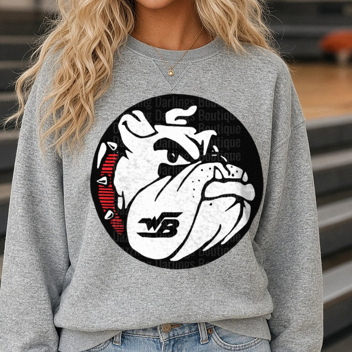 Black Circle Bulldog Mascot Logo with WB Initials DTF transfer shown on a Comfort Colors sweatshirt