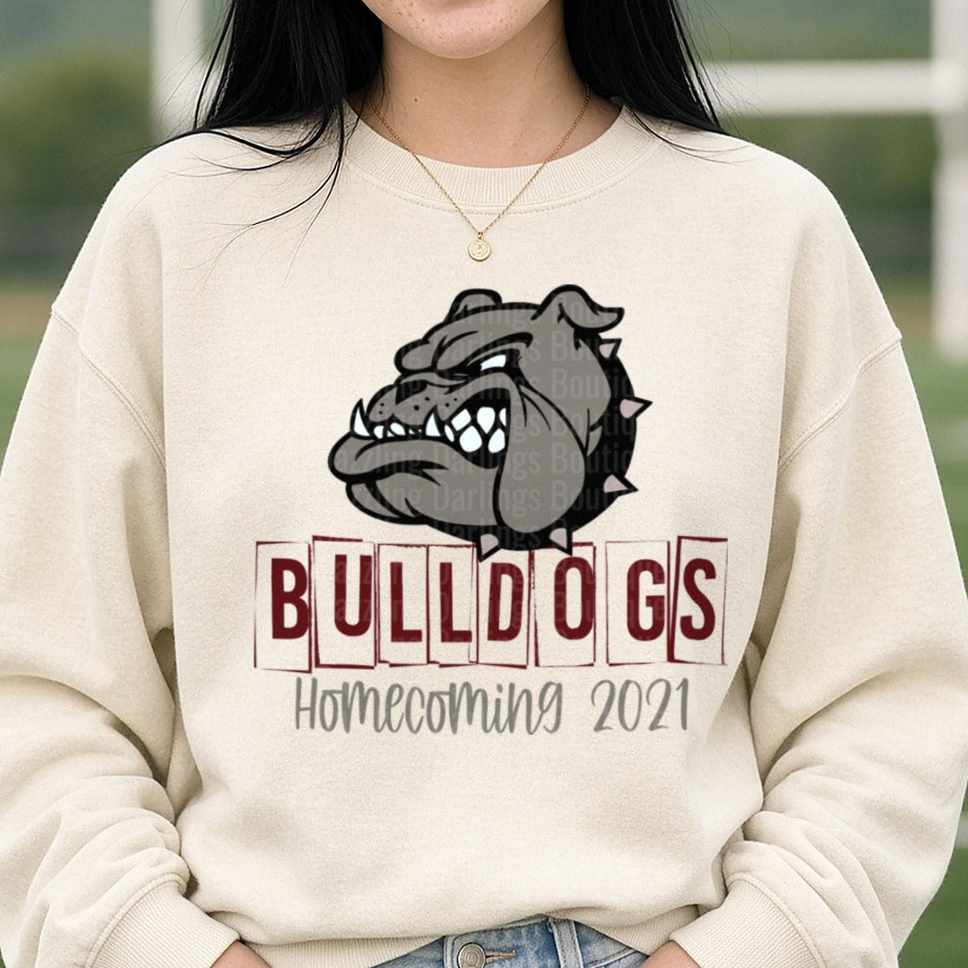Bulldogs Homecoming 2021 Gray Mascot Head with Spiked Collar DTF transfer shown on a Comfort Colors sweatshirt