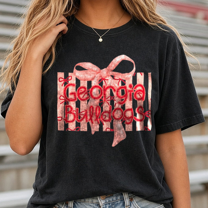 Georgia Bulldogs Pink Striped Gift Box with Satin Bow DTF transfer shown on a Comfort Colors tee