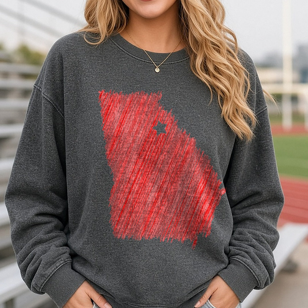 Georgia State Map Red Scribble Art with Star DTF transfer shown on a Comfort Colors sweatshirt