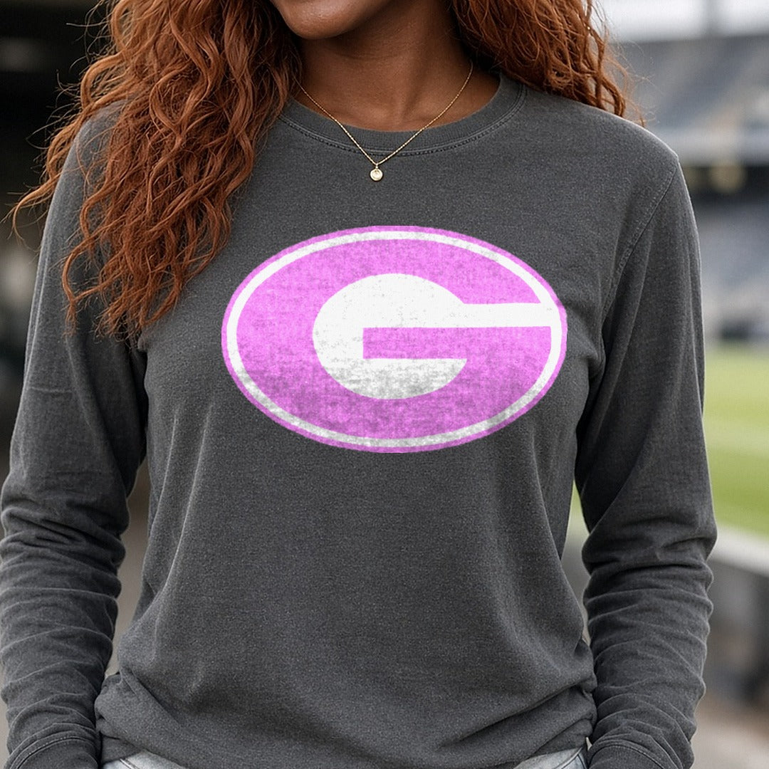 Pink Green Bay Packers G Logo Oval DTF transfer shown on a Comfort Colors long sleeve tee
