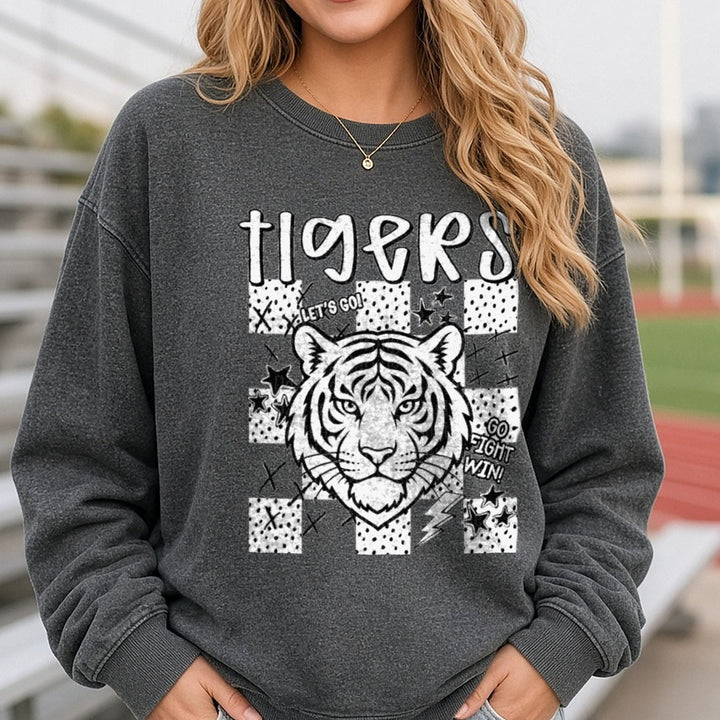 Tigers Let's Go Fight Win Mascot Face Stars Lightning DTF transfer shown on a Comfort Colors sweatshirt