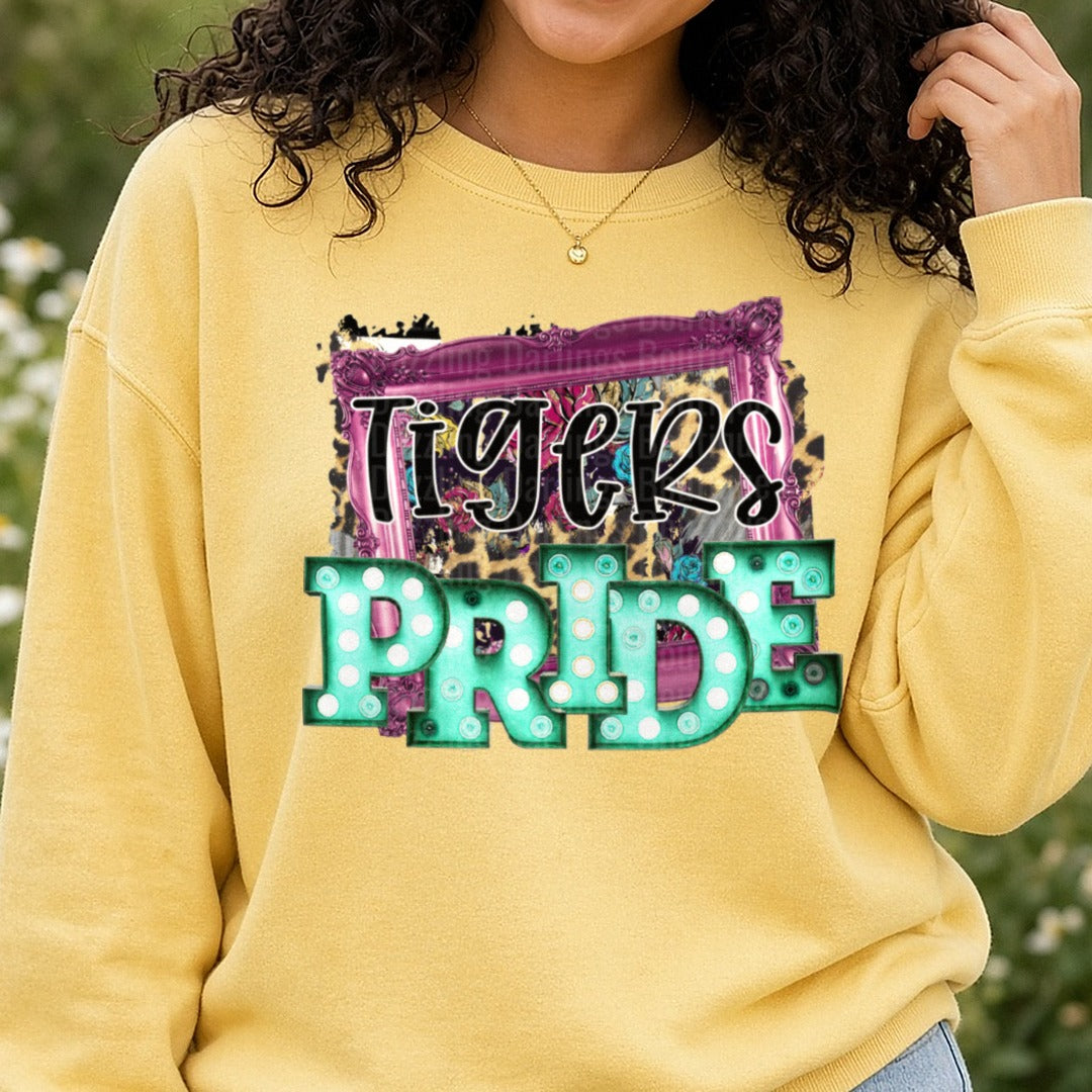 Tigers Pride Leopard Print Floral Marquee Letter Design DTF transfer shown on a Comfort Colors sweatshirt