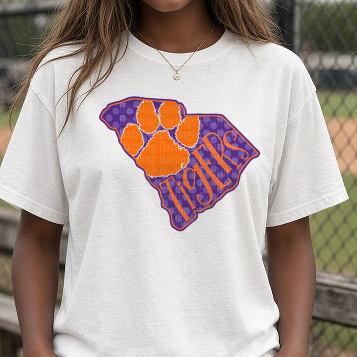 Clemson Tigers Paw Print South Carolina State Shape Polka Dot DTF transfer shown on a Comfort Colors tee