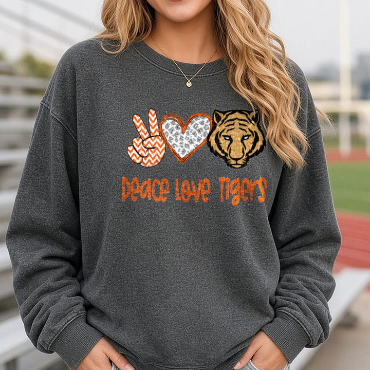 Peace Love Tigers Orange Chevron Leopard Heart Design DTF transfer shown on a Comfort Colors sweatshirt