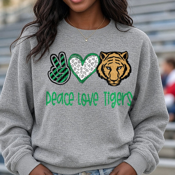 Peace Love Tigers Green Glitter Leopard Heart Design DTF transfer shown on a Comfort Colors sweatshirt