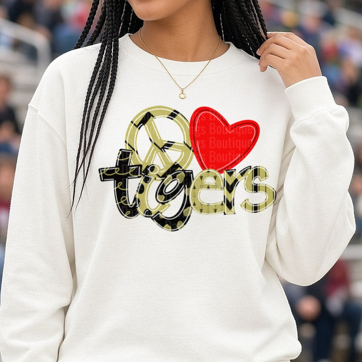 Peace Love Tigers Gold Black Red School Spirit Design DTF transfer shown on a Comfort Colors sweatshirt