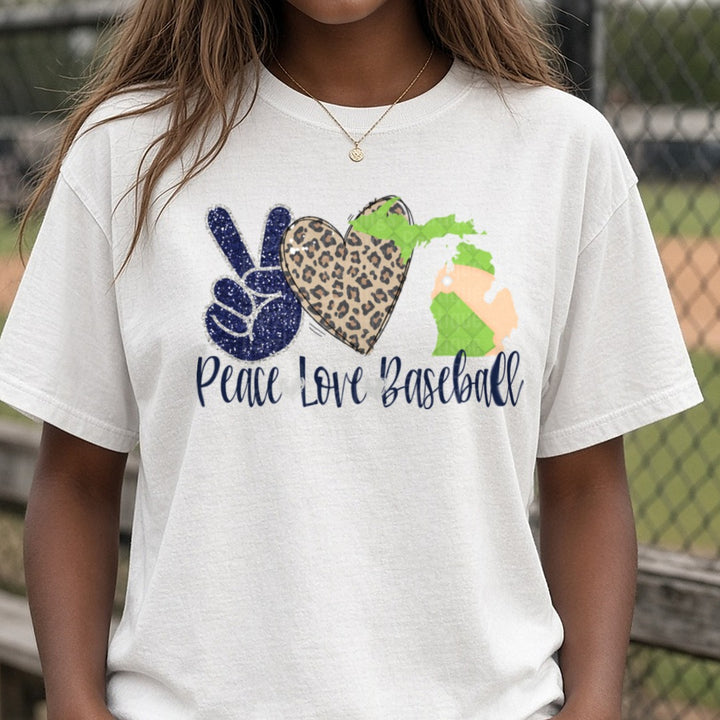 Peace Love Baseball Michigan State Leopard Heart Glitter DTF transfer shown on a Comfort Colors tee
