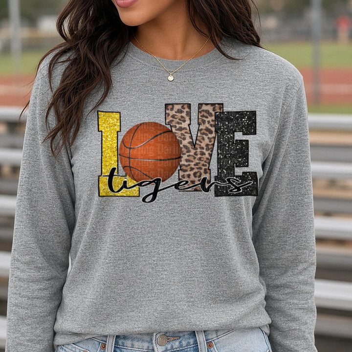 Love Tigers Basketball Glitter Leopard Print Design DTF transfer shown on a Comfort Colors long sleeve tee